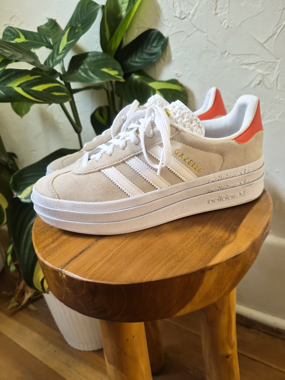 adidas Gazelle Platform Suede Sneakers - Beige, White & Coral